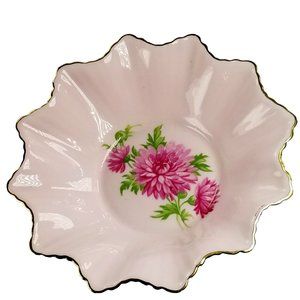 Vintage Adderley Floral Bone China England Scalloped Gold Trim Pink Dish 1960